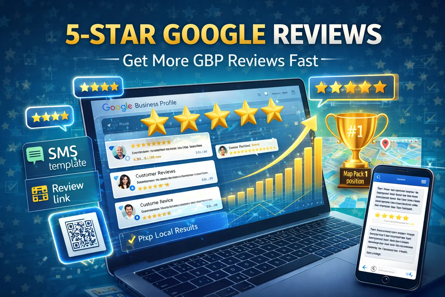 Google Business Profile reviews dashboard with review notifications and Map Pack trophy