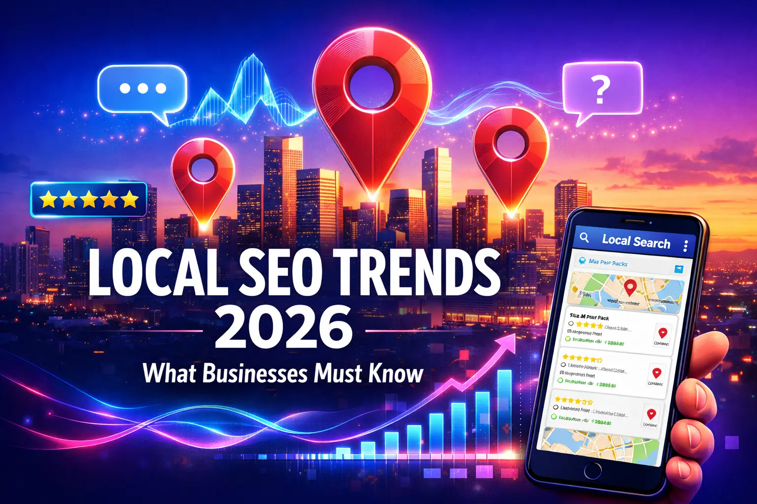 Local SEO Trends 2026 trends city skyline with Google Maps pins and AI search visualization