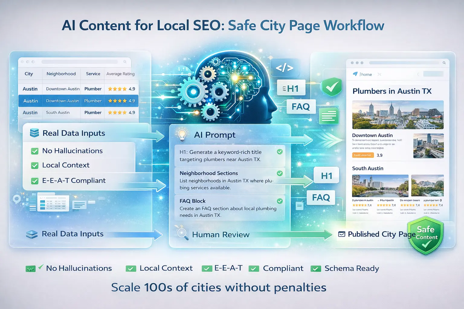 ai content for local seo directory city page workflow data input AI generation human review