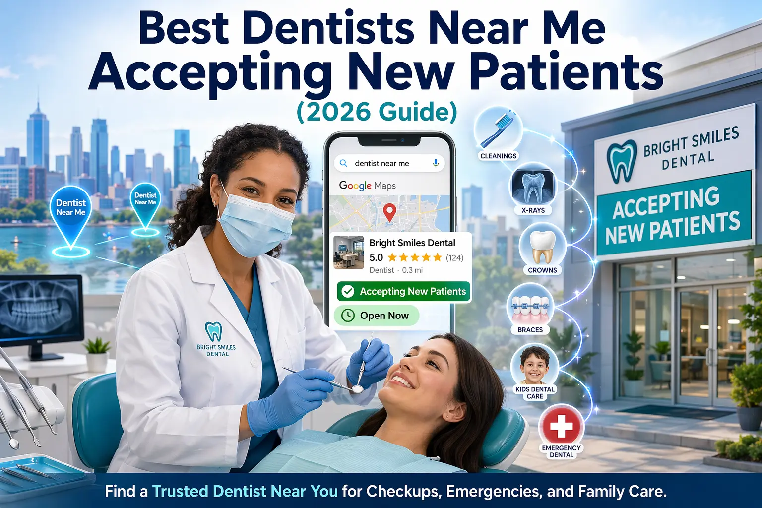 best dentists near me feature image showing a friendly dentist treating a patient in a clean clinic while a smartphone displays “dentist near me”