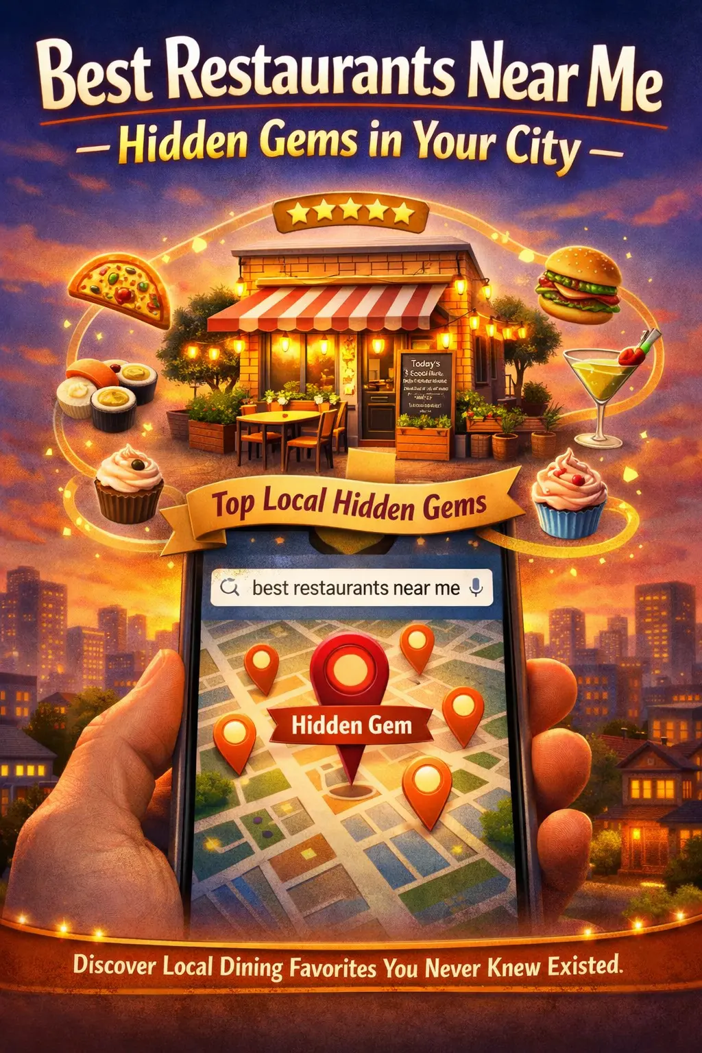 best restaurants near me feature image showing a smartphone with a “best restaurants near me” search and local map pins, next to a cozy, glowing neighborhood restaurant with outdoor seating and a chalkboard menu full of local dishes