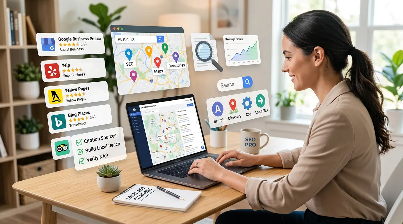 Business owner reviewing local citation listings on a laptop for local SEO that how to Find Local Citations