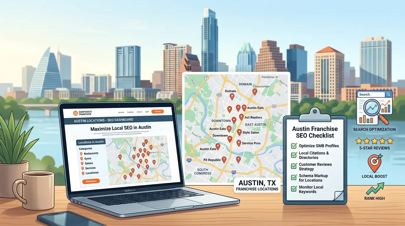 Local SEO for franchises in Austin, Texas featuring map pins of franchise locations, SEO elements, and a city skyline.