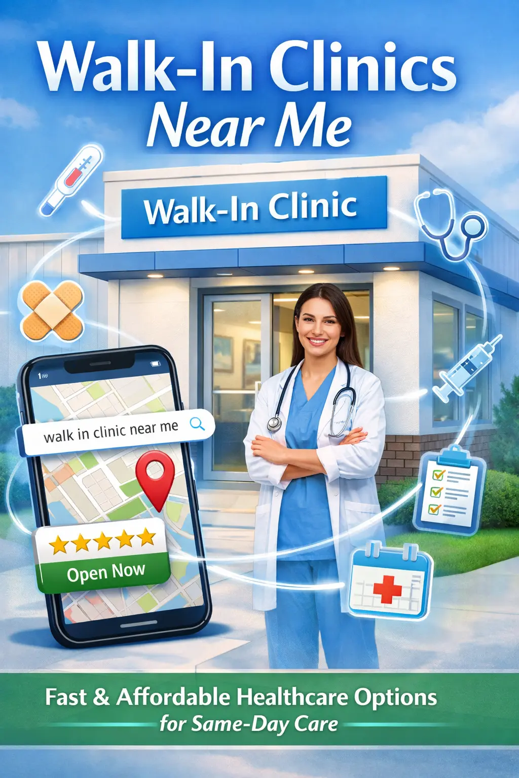 walk in clinic near me feature image showing a welcoming clinic entrance, a healthcare provider, and a smartphone with an “open now” local search and 5-star rating badge